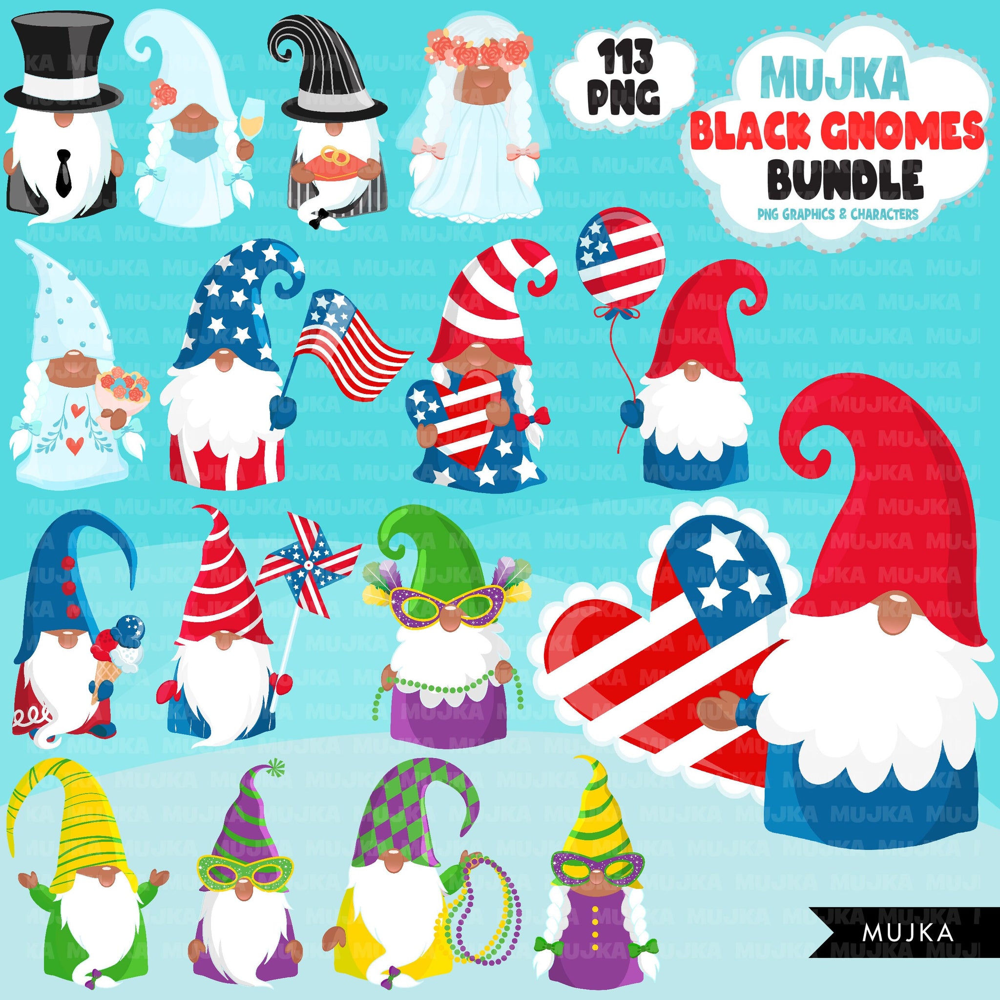 Black Gnomes Clipart Bundle, Easter, St Patrick's Day, School. Halloween African American gnome graphics Sublimation Designs PNG clip art