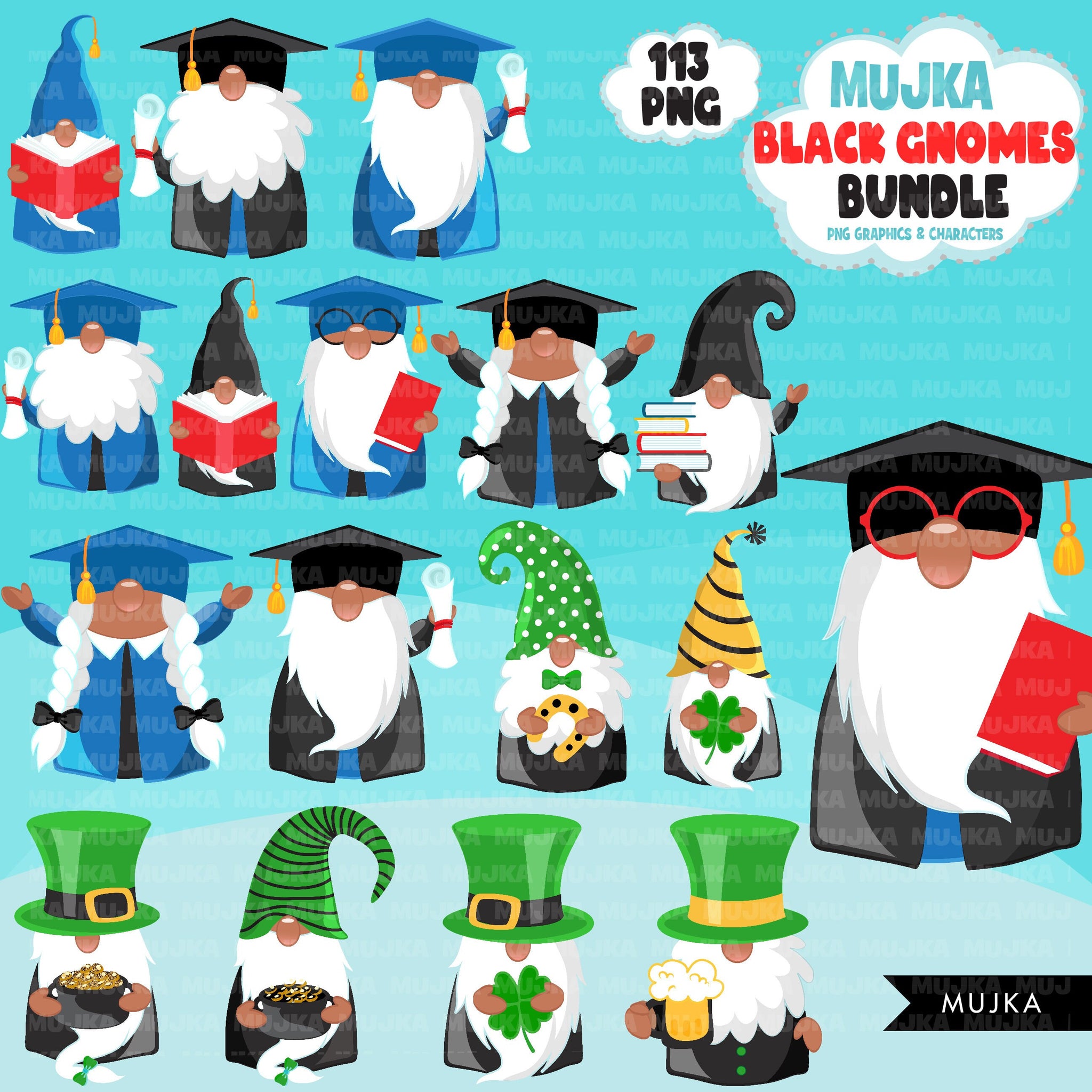 Black Gnomes Clipart Bundle, Easter, St Patrick's Day, School. Halloween African American gnome graphics Sublimation Designs PNG clip art