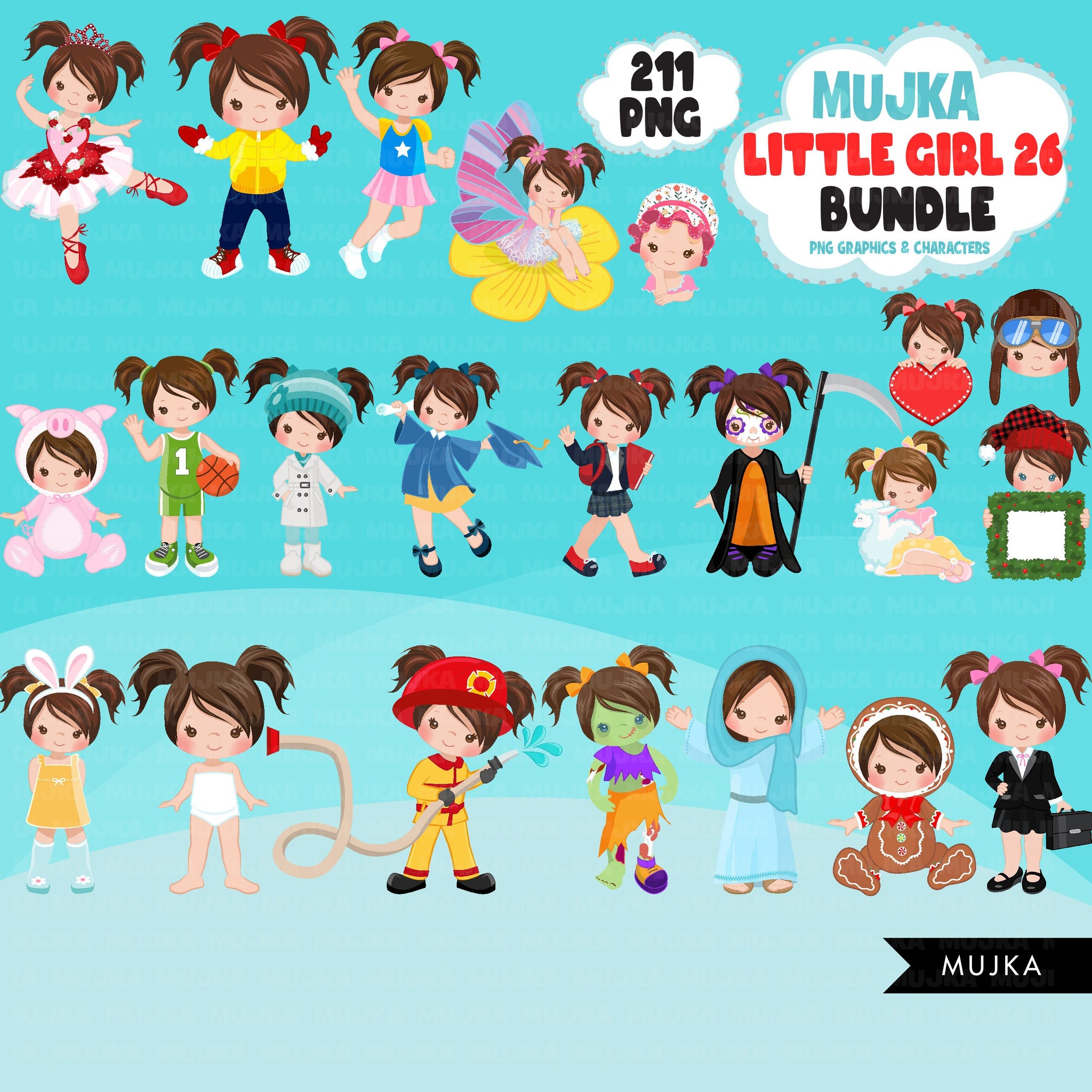 Cute girl png Bundle, Brunette pigtails little girl art, little girl digital stickers, birthday graphics, cute girl bundle, planner stickers