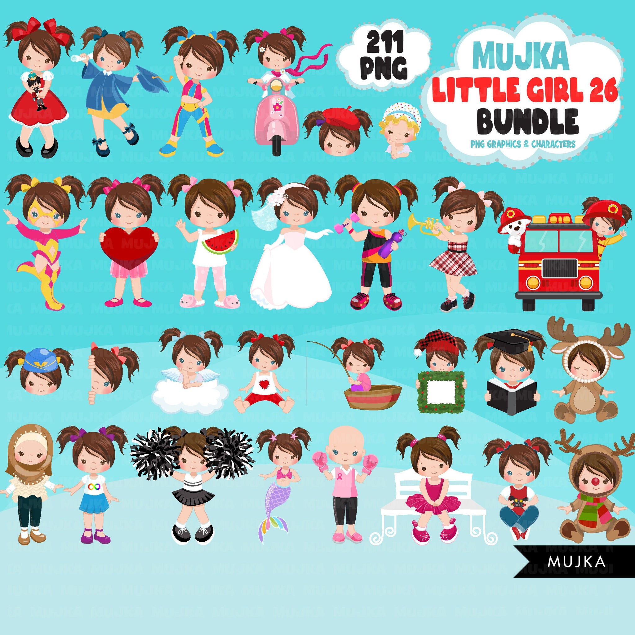 Cute girl png Bundle, Brunette pigtails little girl art, little girl digital stickers, birthday graphics, cute girl bundle, planner stickers