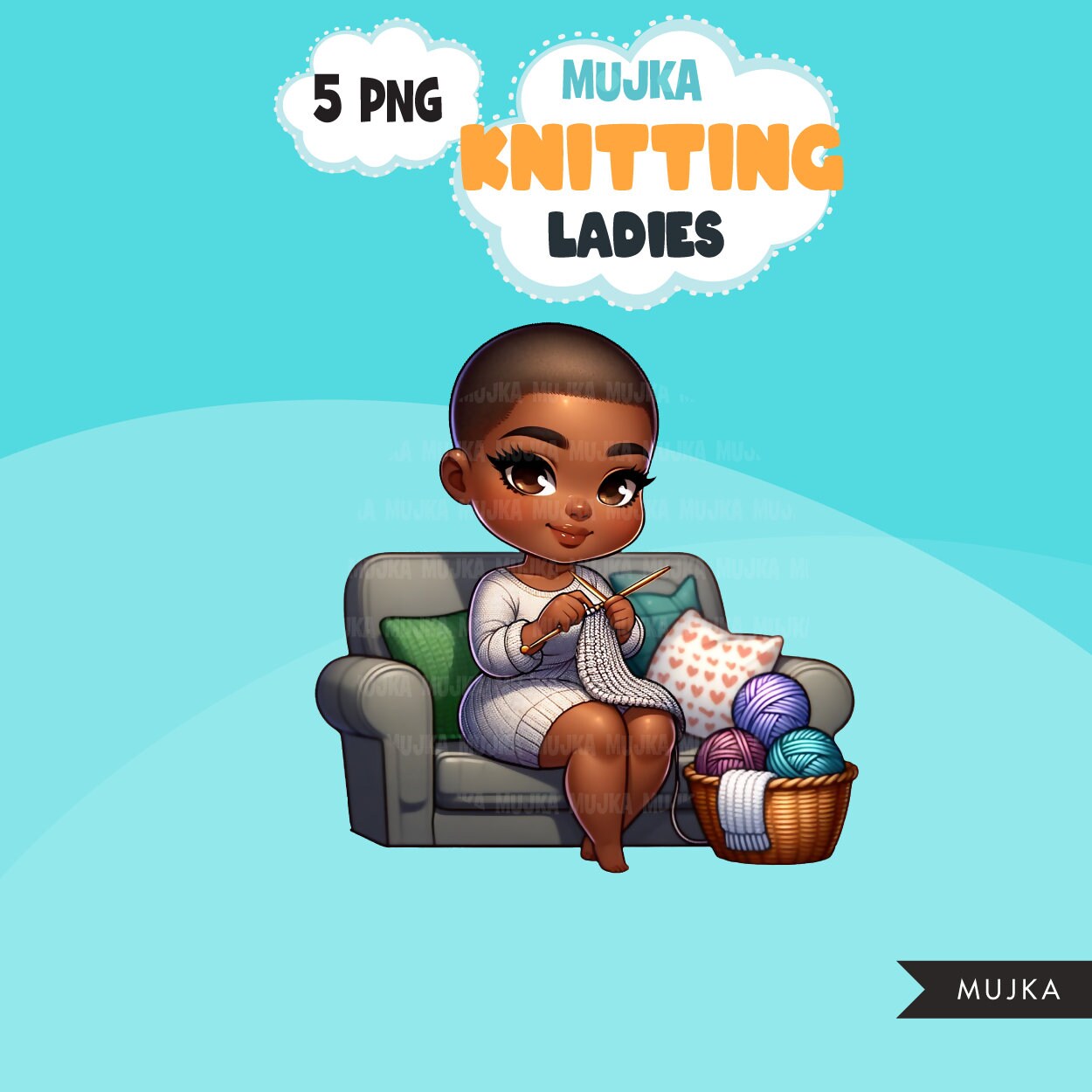 Knitting PNG clipart, Cute Black Latina knitting girls art, Knitting sublimation designs, logo design, hobby digital download stickers