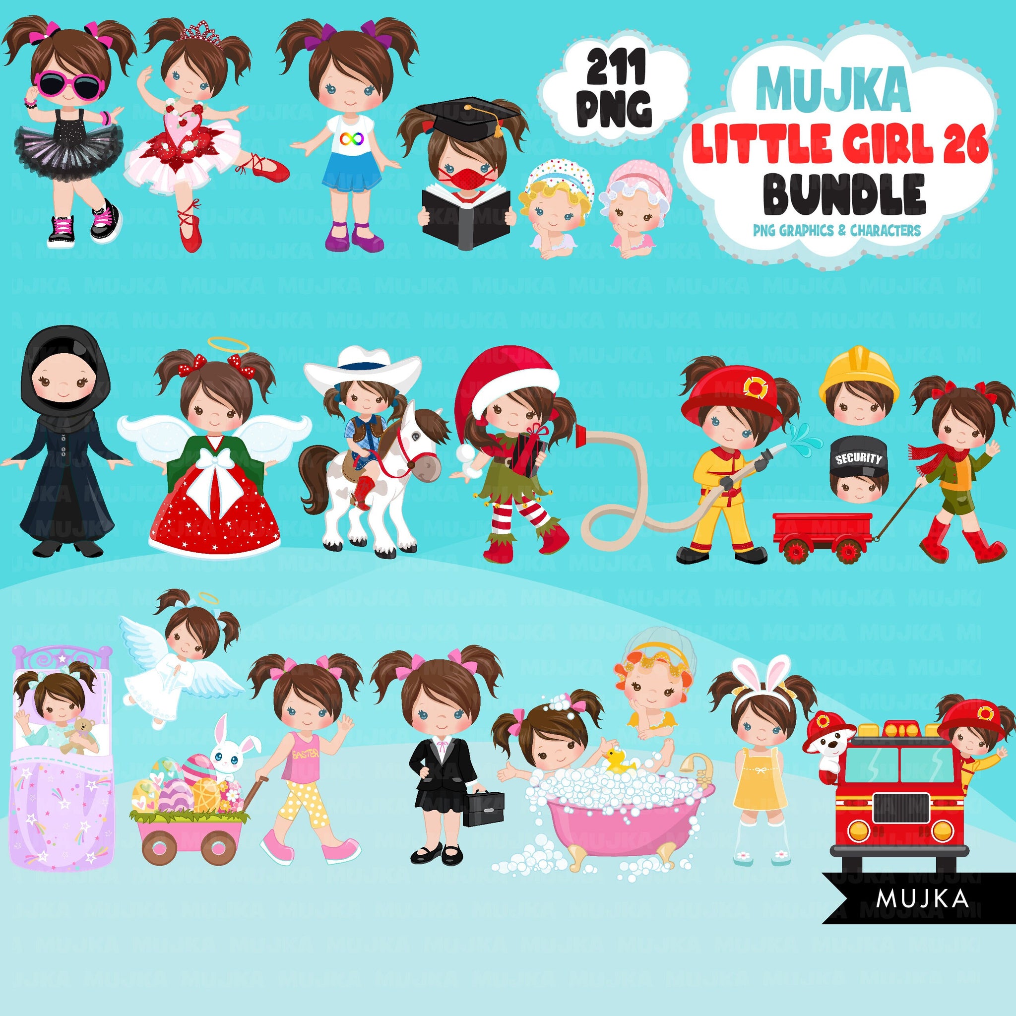 Cute girl png Bundle, Brunette pigtails little girl art, little girl digital stickers, birthday graphics, cute girl bundle, planner stickers