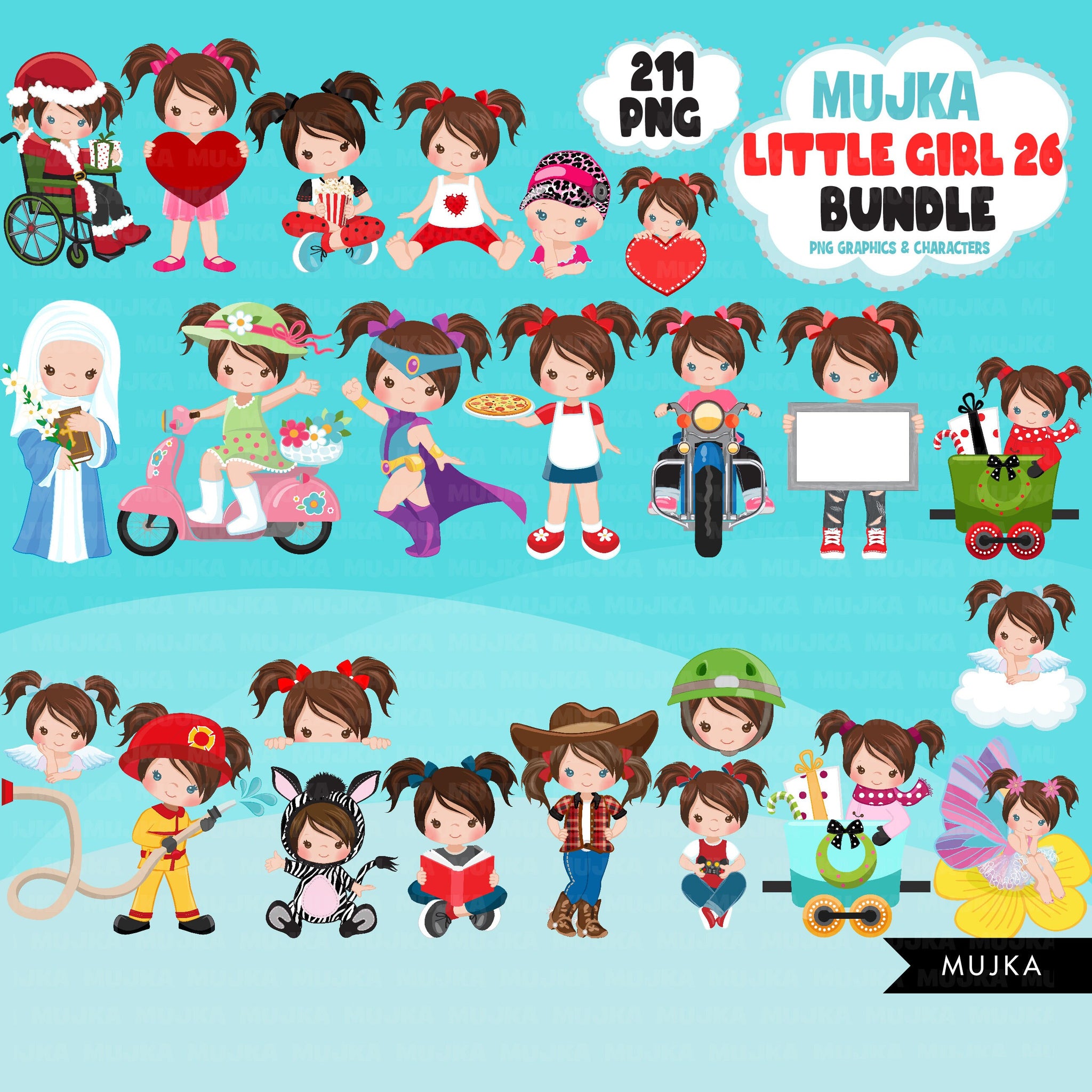 Cute girl png Bundle, Brunette pigtails little girl art, little girl digital stickers, birthday graphics, cute girl bundle, planner stickers
