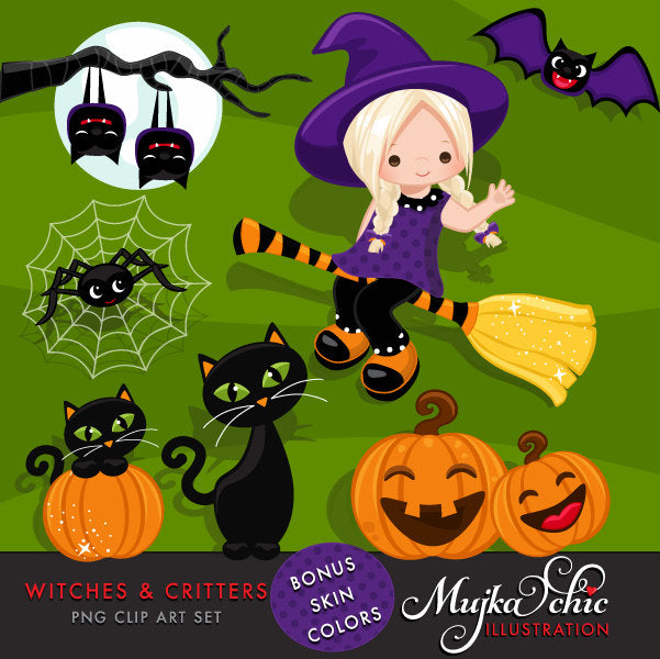 Clipart de brujas y bichos de Halloween, niña