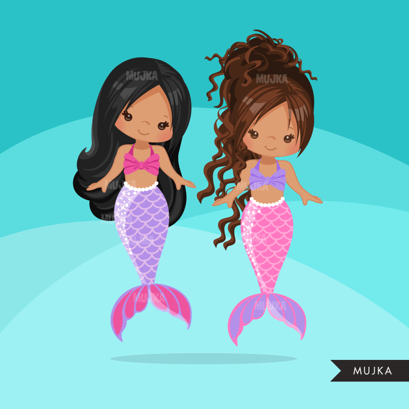 Paquete de imágenes prediseñadas de Las Sirenitas. Gráficos de sirena arcoiris. Submarino, coral, estrella de mar, pez, caballito de mar Chicas