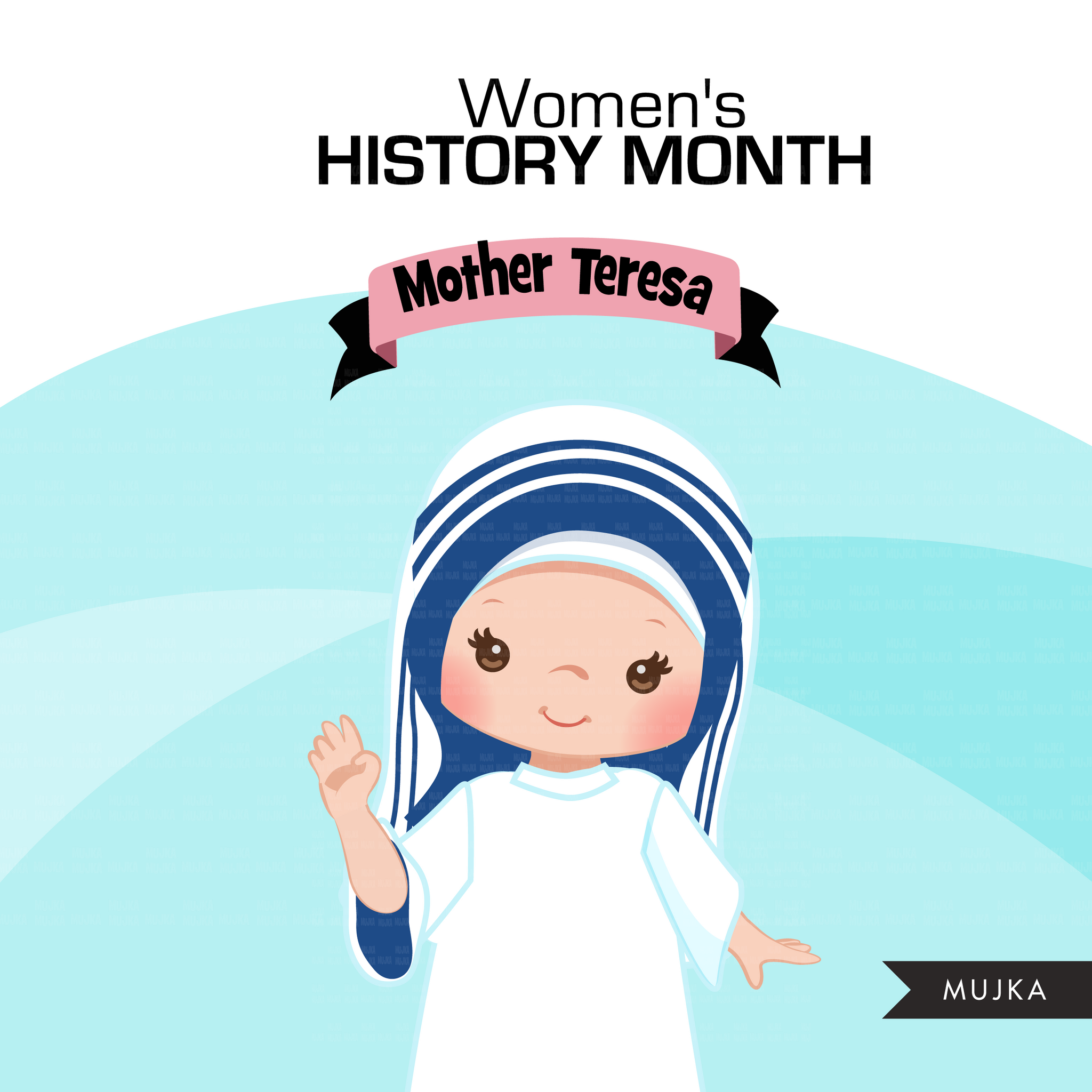 Women's History Month figures PNG clipart bundle, Marie Curie, Ada Lovelace, Mother Teresa, Virginia Woolf, Rosa Parks, Anne Frank image PNG