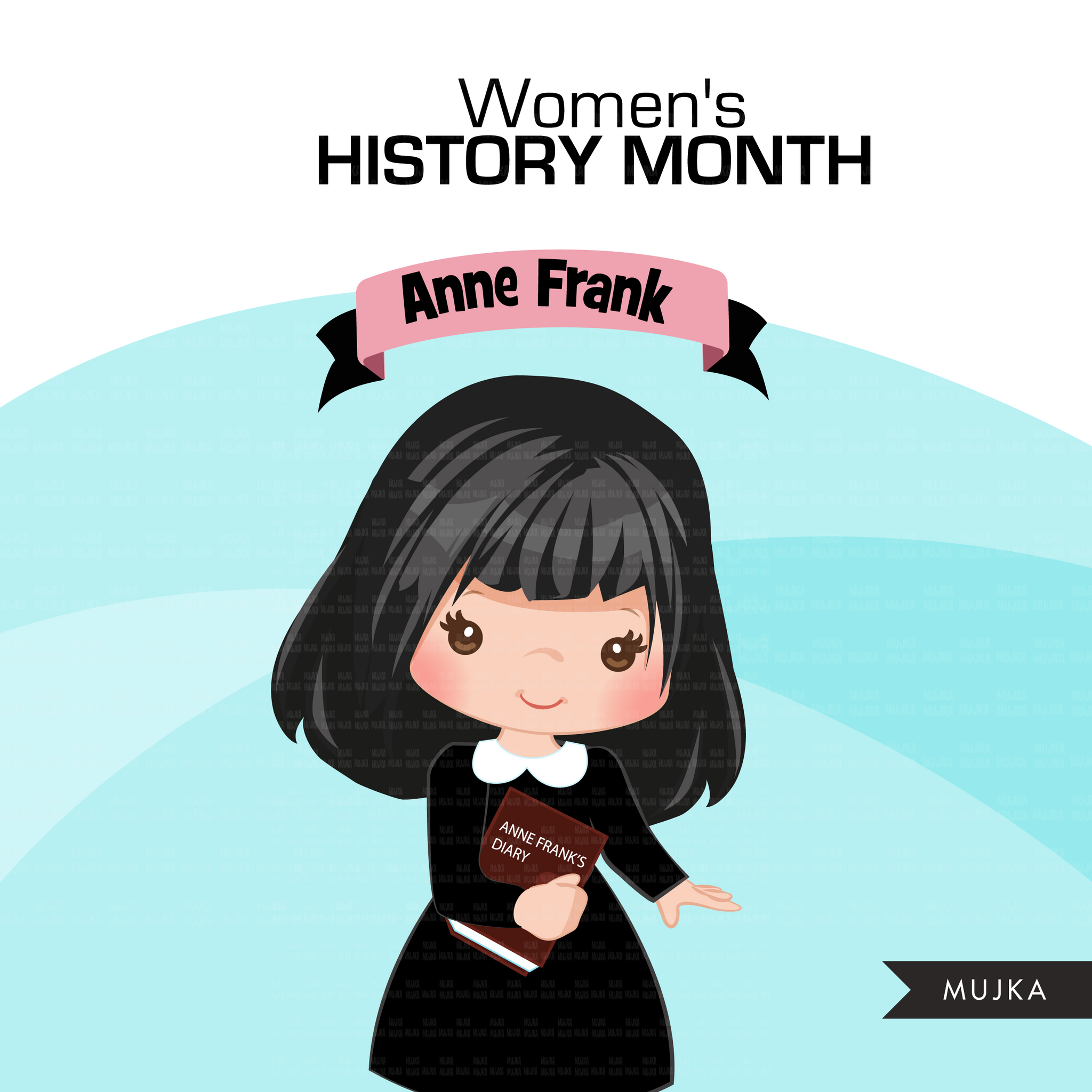 Women's History Month figures PNG clipart bundle, Marie Curie, Ada Lovelace, Mother Teresa, Virginia Woolf, Rosa Parks, Anne Frank image PNG