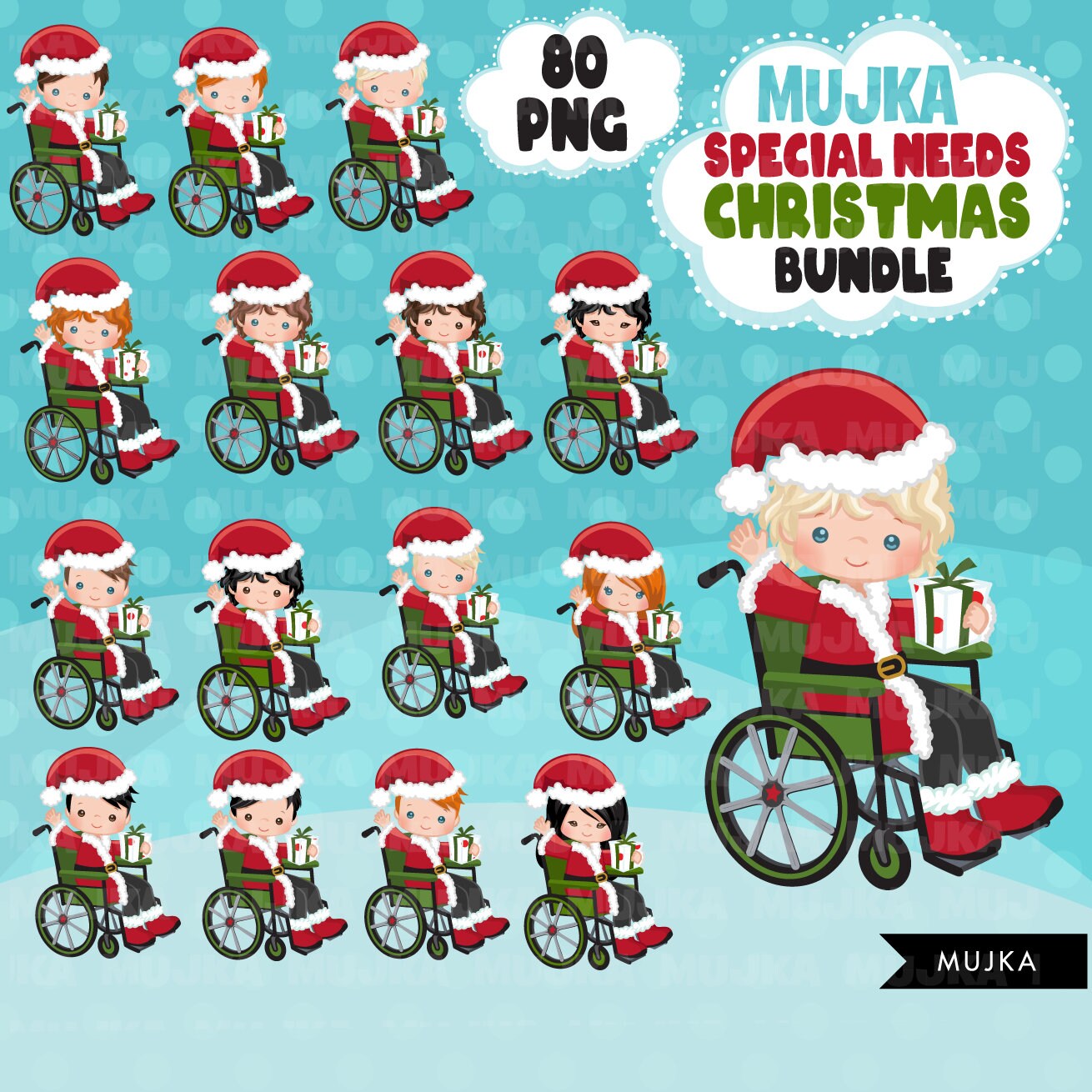 Christmas Santa wheelchair kids Png Bundle, Christmas elves clipart, Special Needs planner stickers, Christmas Clipart, Noel Boys and girls