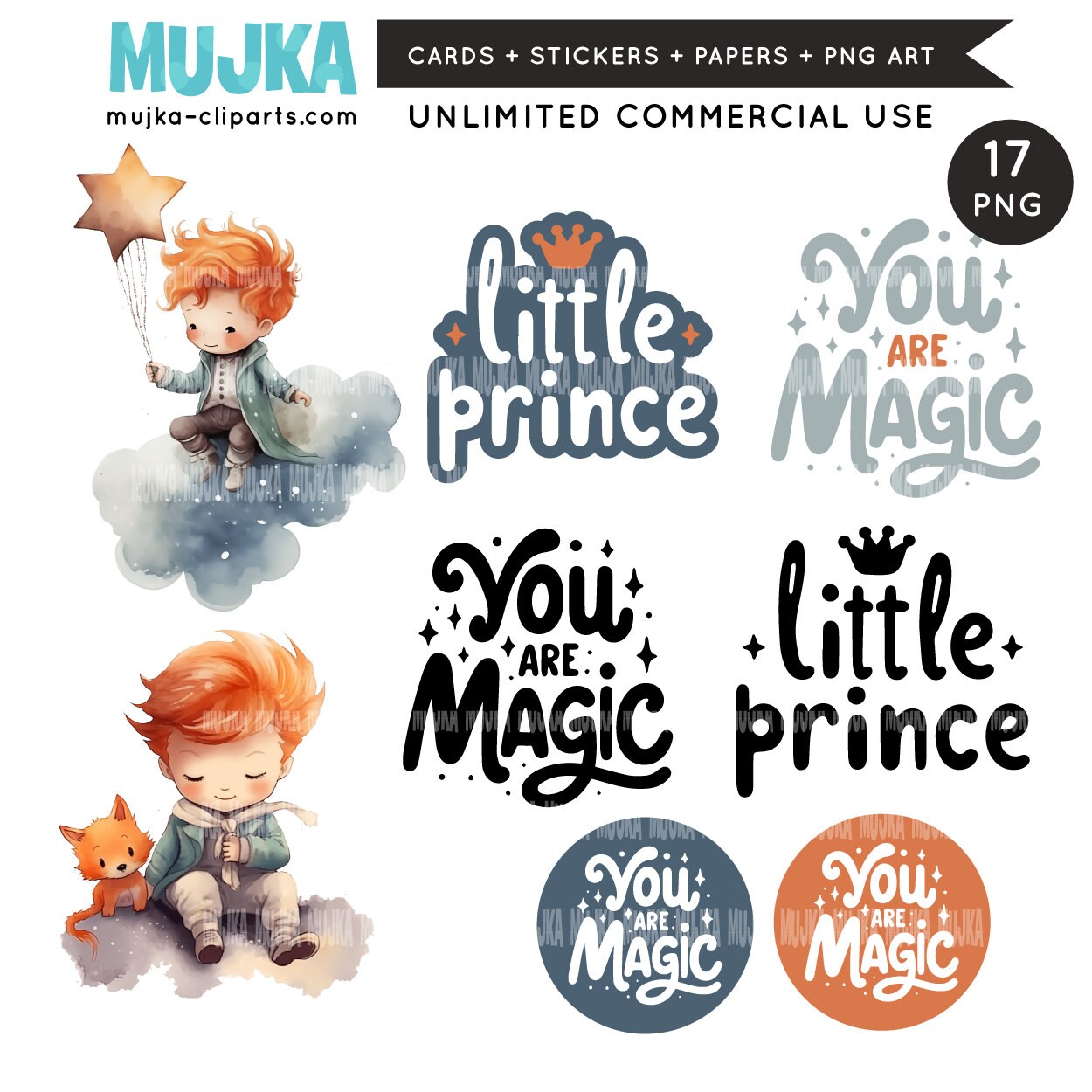 Little Prince Wall Art, Nursery printable poster, Cute Baby Boy room decor, Digital Papers, You are Magic Stickers, PNG Clipart Bundle