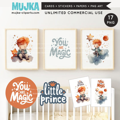 Little Prince Wall Art, Nursery printable poster, Cute Baby Boy room decor, Digital Papers, You are Magic Stickers, PNG Clipart Bundle