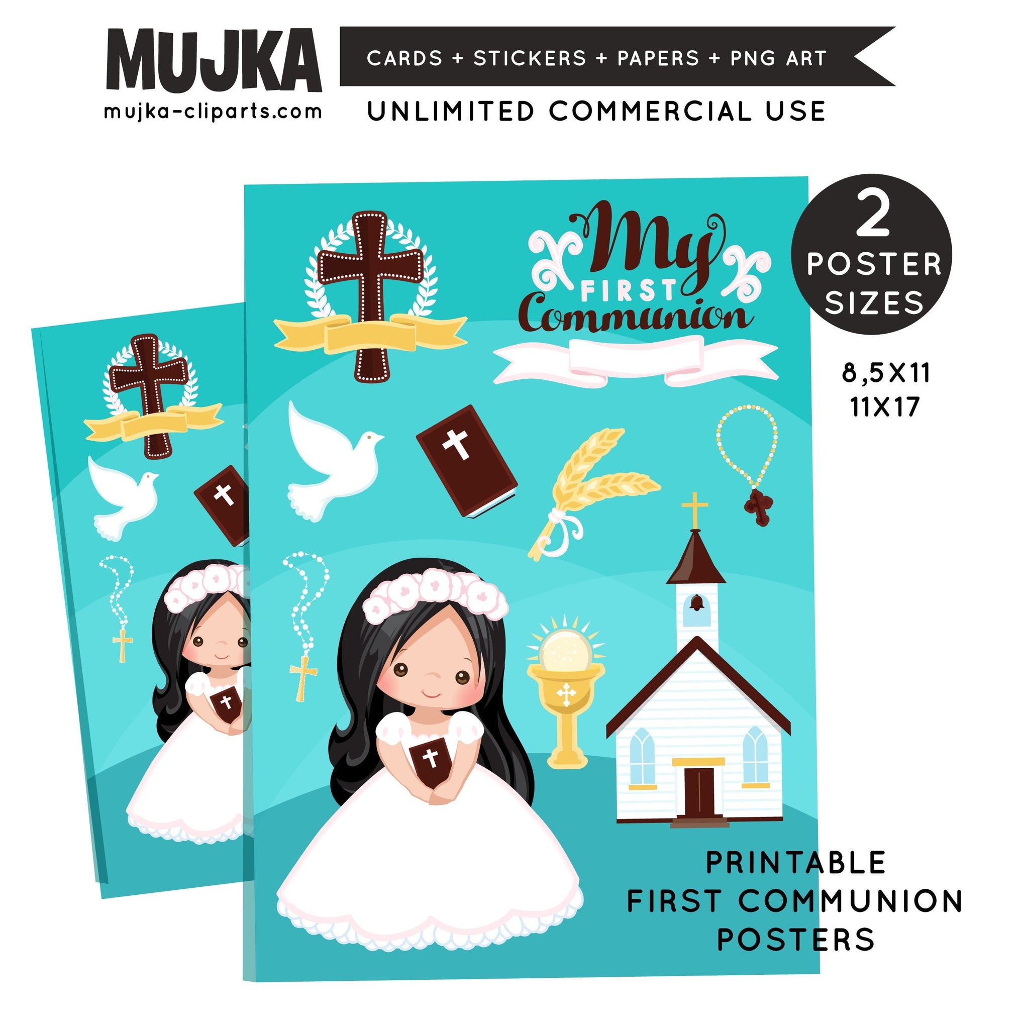 First Communion Poster, Printable Religious wall art, Card for girl, Cute holy communion bible, church, rosary, banner, cross and invitation