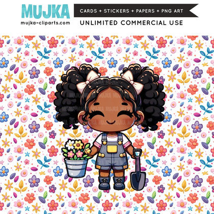 Pacote de clipart PNG de jardinagem, designs de sublimação de menina jardineira, download de papel digital Chibi Art, adesivos de planejador, gráficos de festa de primavera