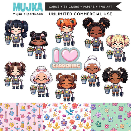 Pacote de clipart PNG de jardinagem, designs de sublimação de menina jardineira, download de papel digital Chibi Art, adesivos de planejador, gráficos de festa de primavera