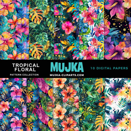 Tropical Floral Digital papers, Jungle summer pattern background, watercolor seamless printable pattern, digital background, scrapbook paper
