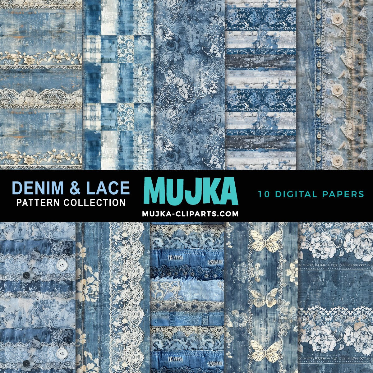 Denim and Lace Digital papers, Vintage denim pattern background, junk journal printables, digital background, distressed scrapbook paper