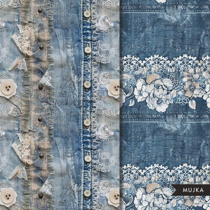 Denim and Lace Digital papers, Vintage denim pattern background, junk journal printables, digital background, distressed scrapbook paper