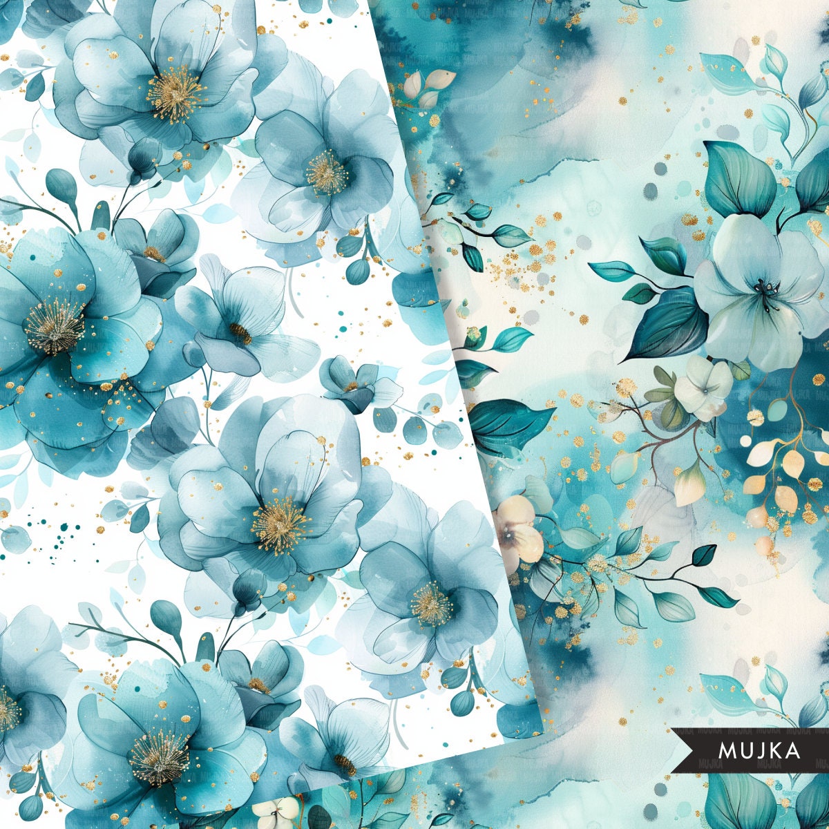 Floral Watercolor Digital Paper, Hand drawn Teal Seamless Patterns, We – MUJKA CLIPARTS floral-watercolor-digital-paper-hand-drawn-teal-seamless-patterns-we-mujka-cliparts