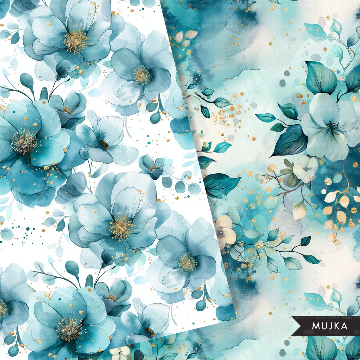 Floral Watercolor Digital Paper, Hand drawn Teal Seamless Patterns, Wedding Sublimation Digital Download, PNG, Abstract Scrapbook Papers