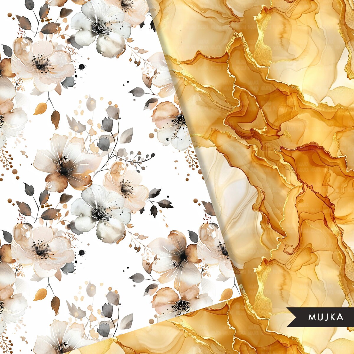 Champagne gold alcohol inks Floral Digital Paper, Seamless Patterns, Sublimation Digital Download, PNG, Watercolor Scrapbook Papers