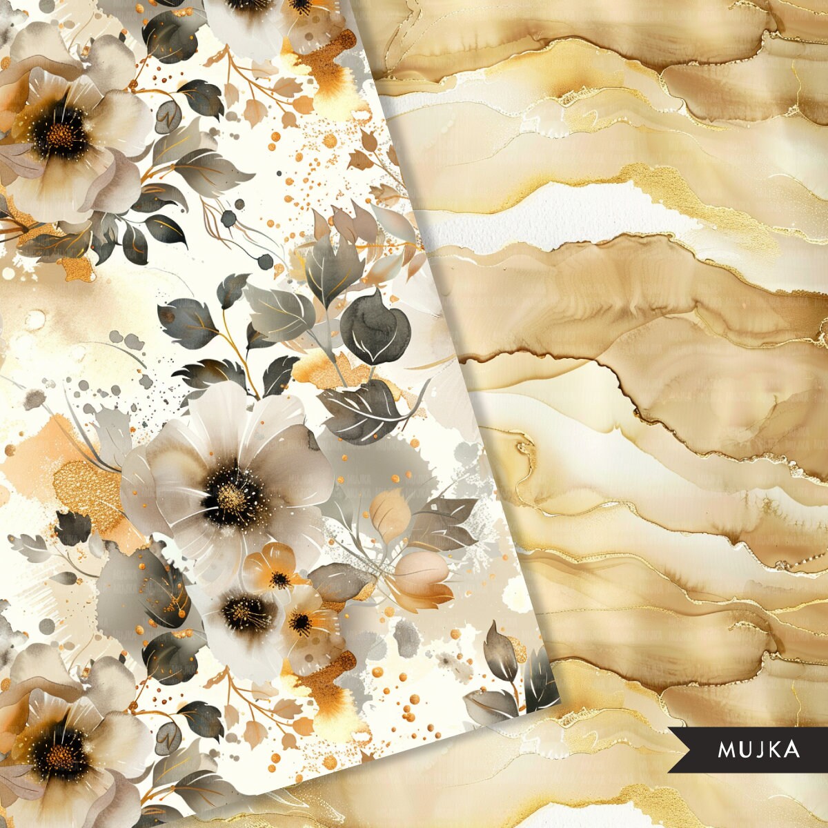 Champagne gold alcohol inks Floral Digital Paper, Seamless Patterns, Sublimation Digital Download, PNG, Watercolor Scrapbook Papers