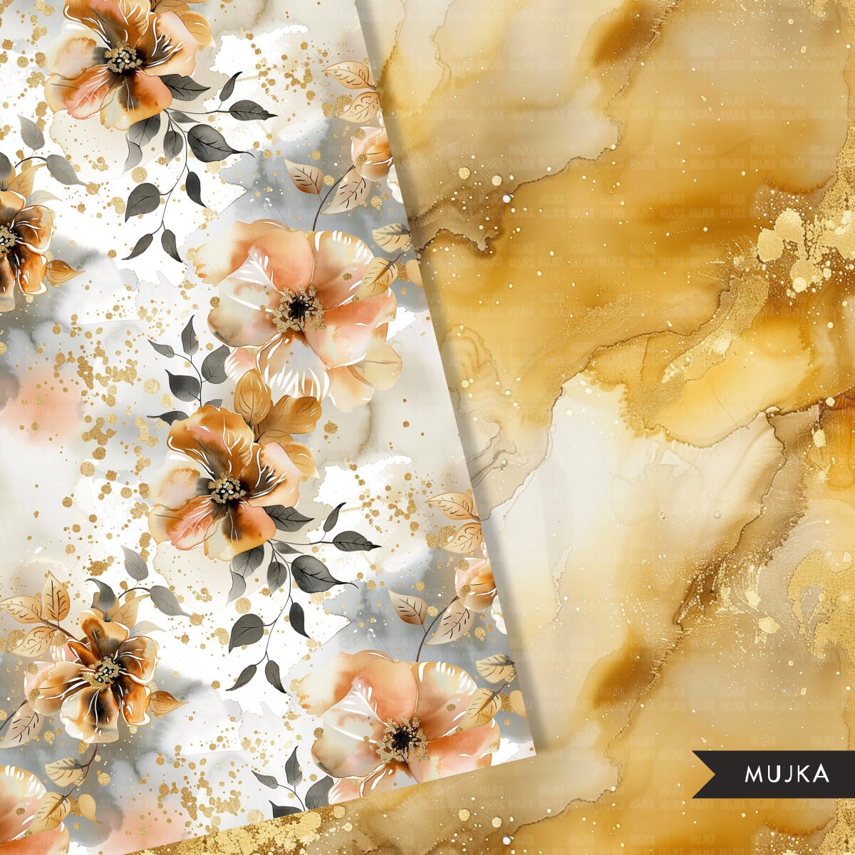 Champagne gold alcohol inks Floral Digital Paper, Seamless Patterns, Sublimation Digital Download, PNG, Watercolor Scrapbook Papers