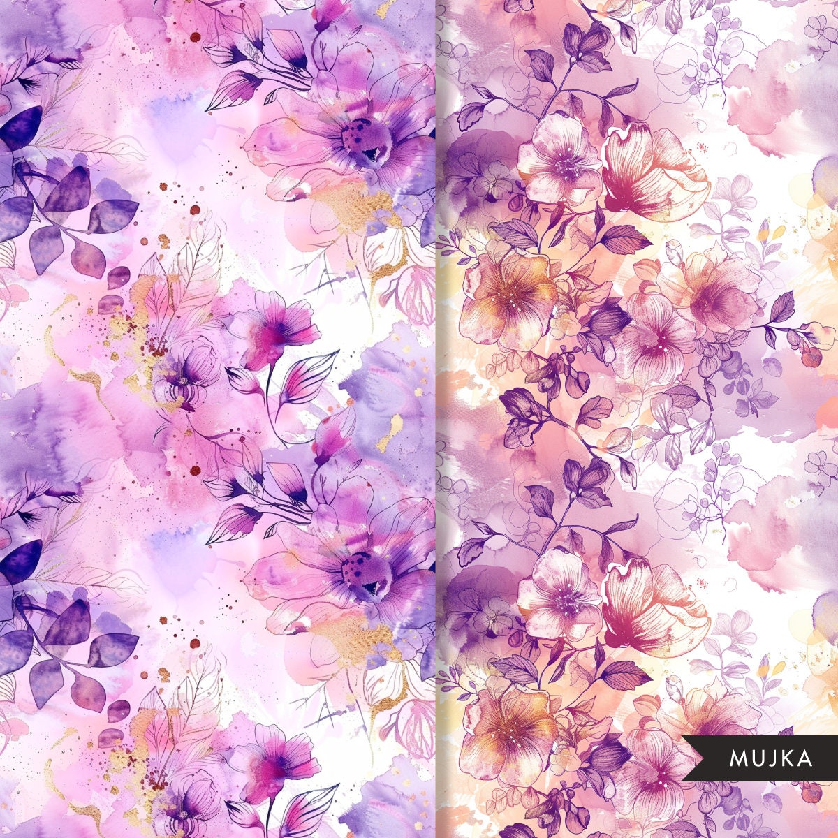 Floral Digital papers, Gold purple pink flower background, watercolor seamless printable pattern, digital background, scrapbook papers