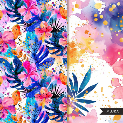 Tropical Floral Digital papers, flower summer pattern background, watercolor seamless printable pattern, digital background, scrapbook paper