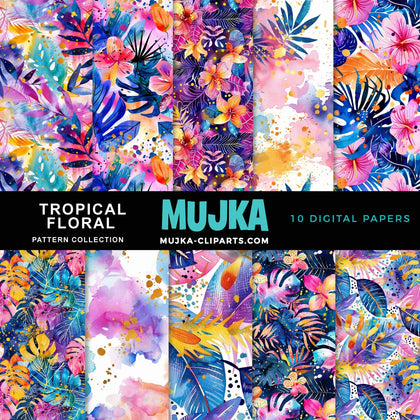 Tropical Floral Digital papers, flower summer pattern background, watercolor seamless printable pattern, digital background, scrapbook paper