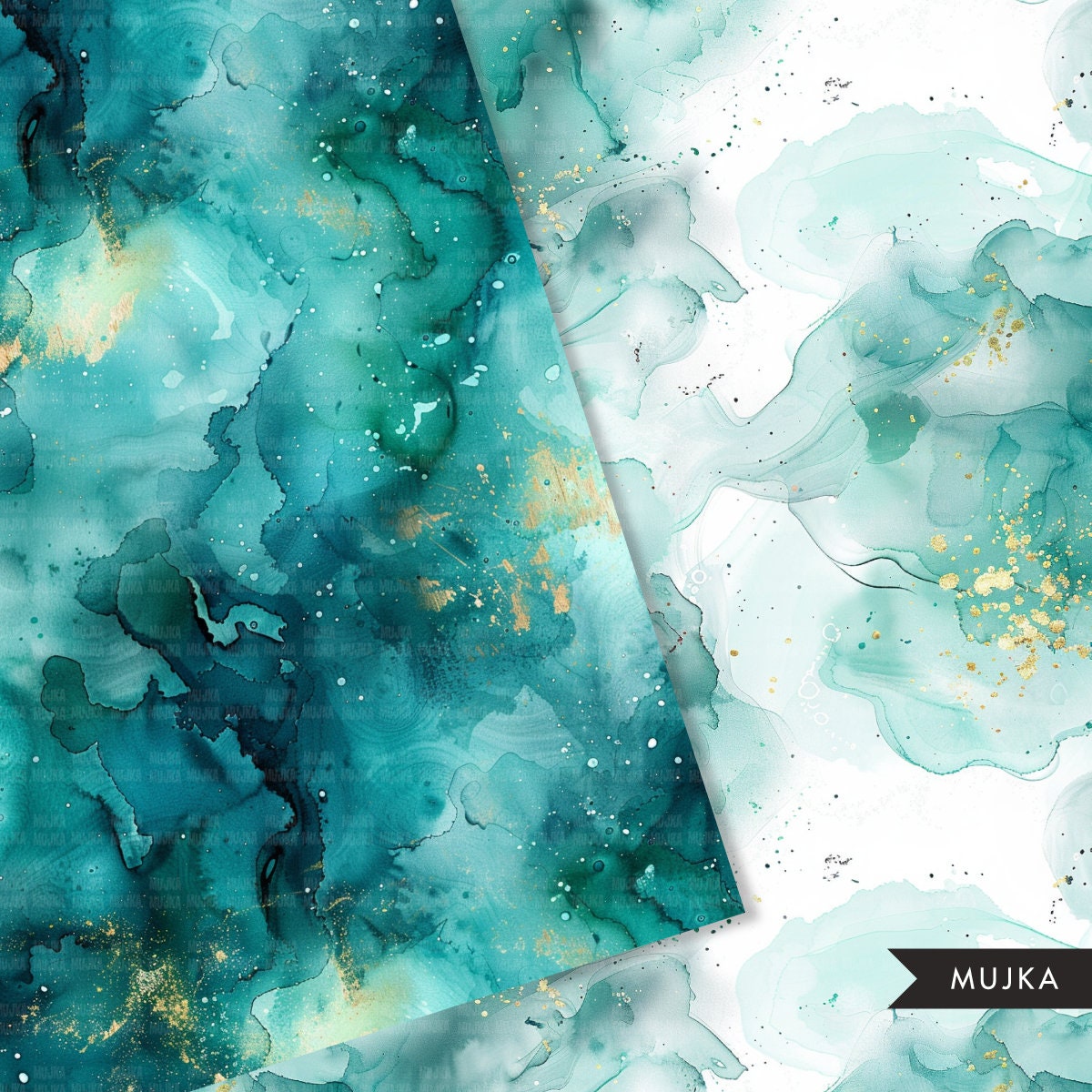 Alcohol Inks Digital Paper, Watercolor Teal Gold Seamless Patterns, Abstract Sublimation Digital Download, PNG, Abstract Scrapbook Papers