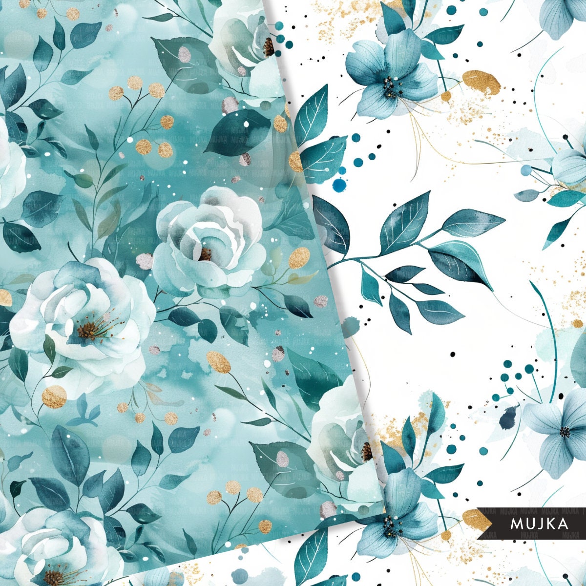 Floral Watercolor Digital Paper, Hand drawn Teal Seamless Patterns, Wedding Sublimation Digital Download, PNG, Abstract Scrapbook Papers