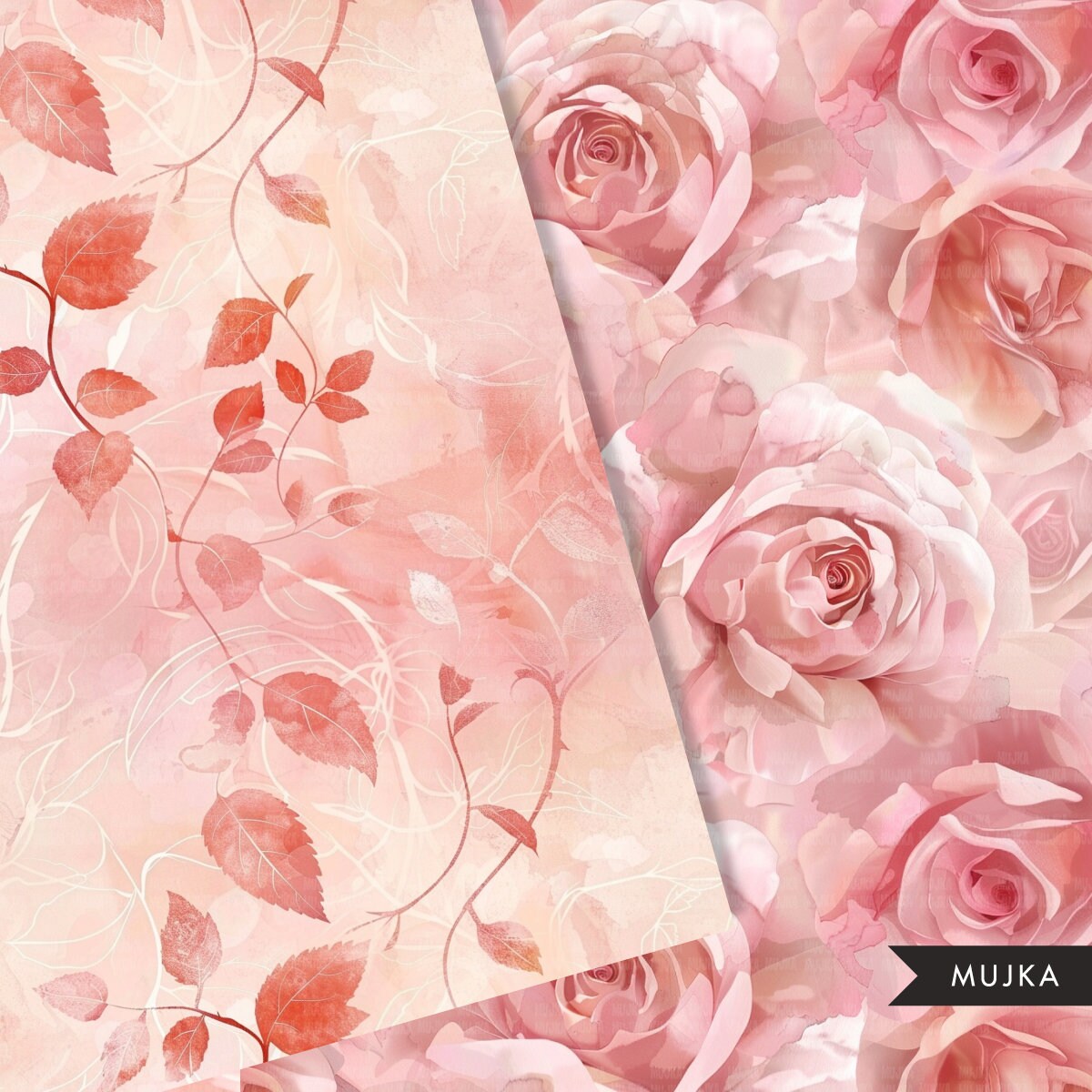 Rose Floral Watercolor Digital Paper, Blush Rose Seamless Patterns, Wedding Sublimation Digital Download, PNG, Abstract Scrapbook Papers