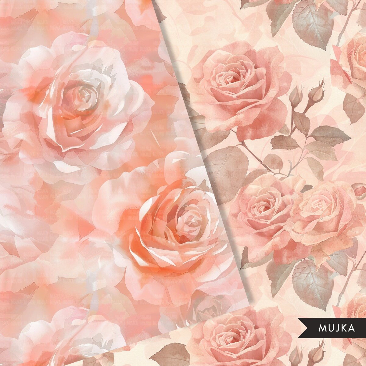 Rose Floral Watercolor Digital Paper, Blush Rose Seamless Patterns, Wedding Sublimation Digital Download, PNG, Abstract Scrapbook Papers