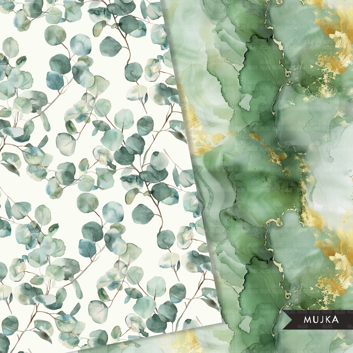 Sage Green Floral Digital Paper, Eucalyptus Seamless Patterns, Alcohol ink Sublimation Digital Download, PNG, Watercolor Scrapbook Papers