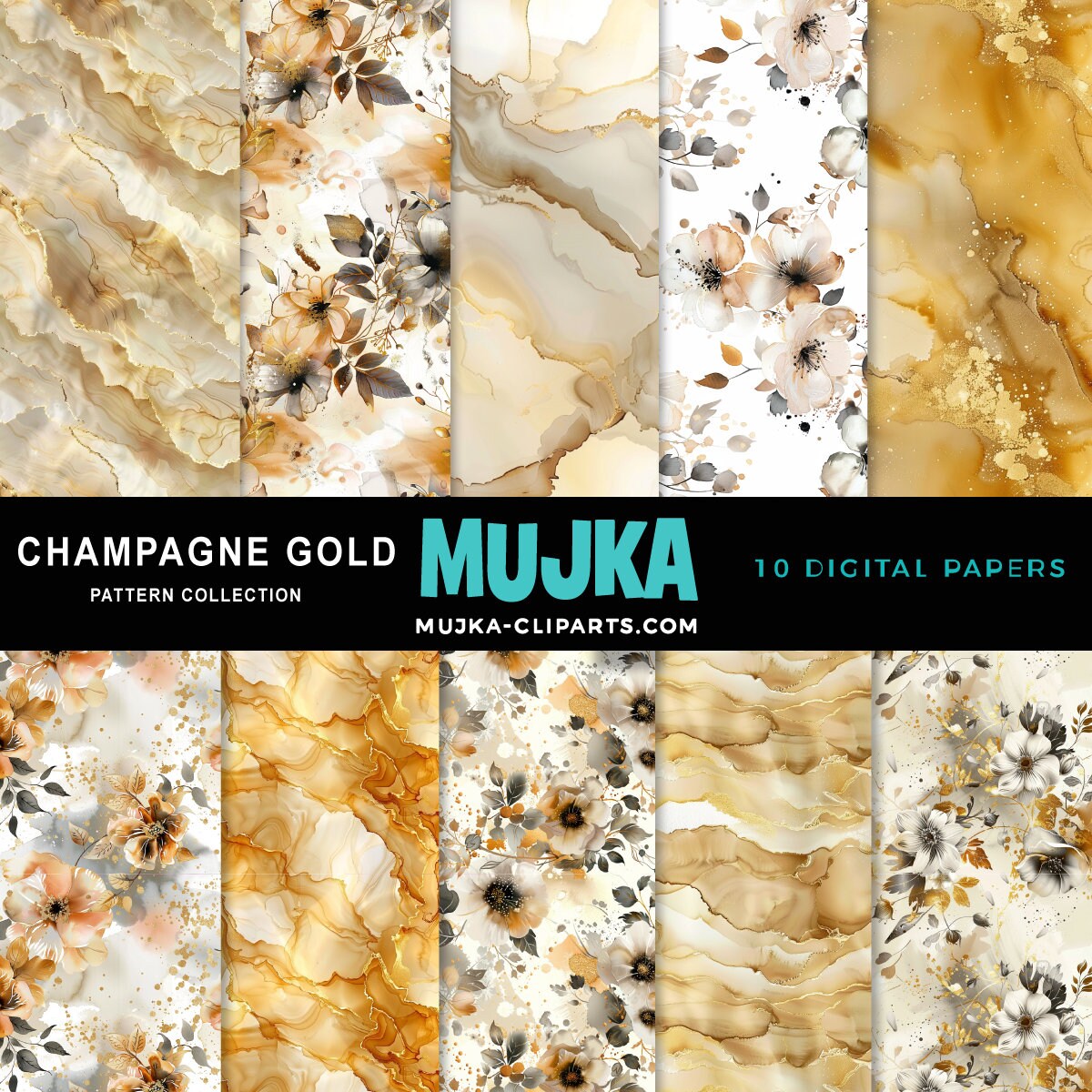 Champagne gold alcohol inks Floral Digital Paper, Seamless Patterns, Sublimation Digital Download, PNG, Watercolor Scrapbook Papers