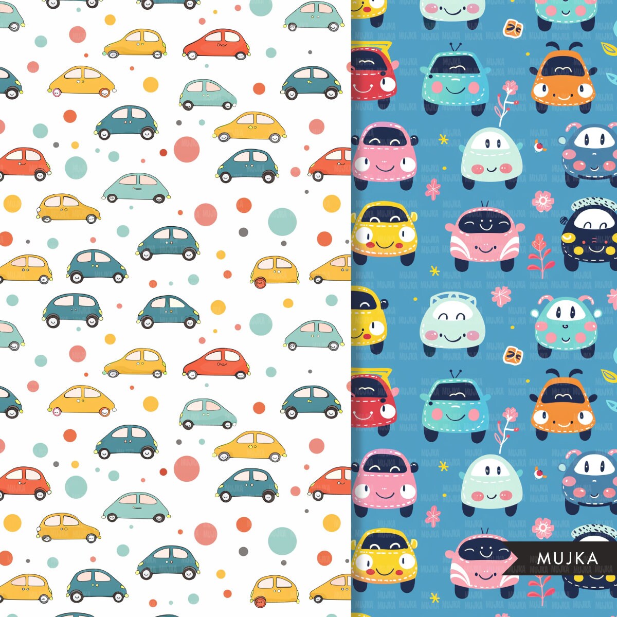 Cute Cars Digital papers, Kawaii baby seamless background, nursery background printable pattern, baby digital background, scrapbook paper