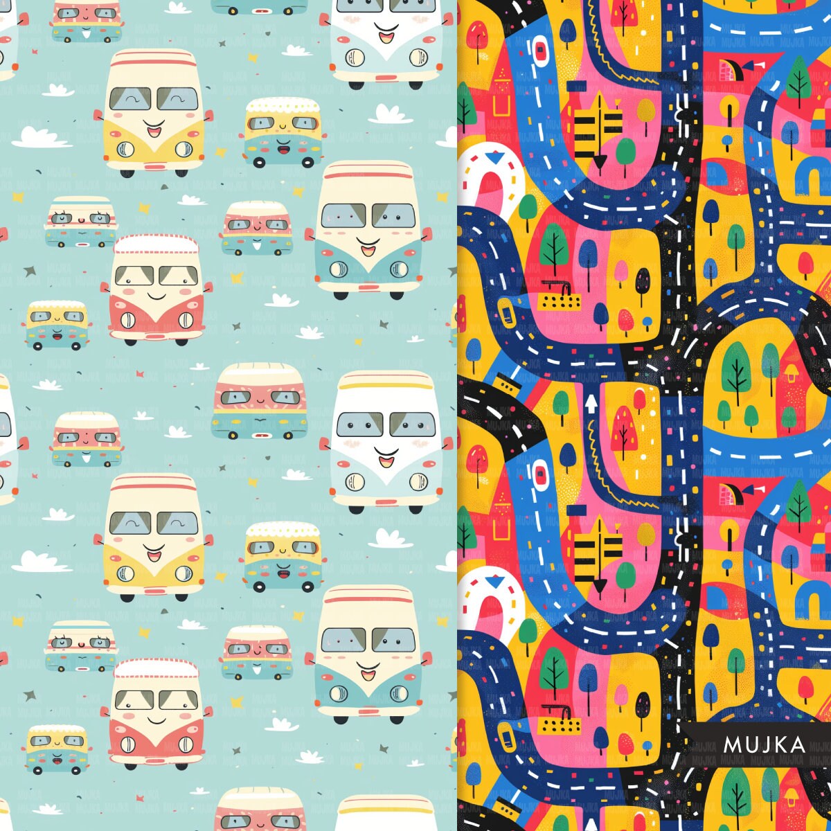 Cute Cars Digital papers, Kawaii baby seamless background, nursery background printable pattern, baby digital background, scrapbook paper