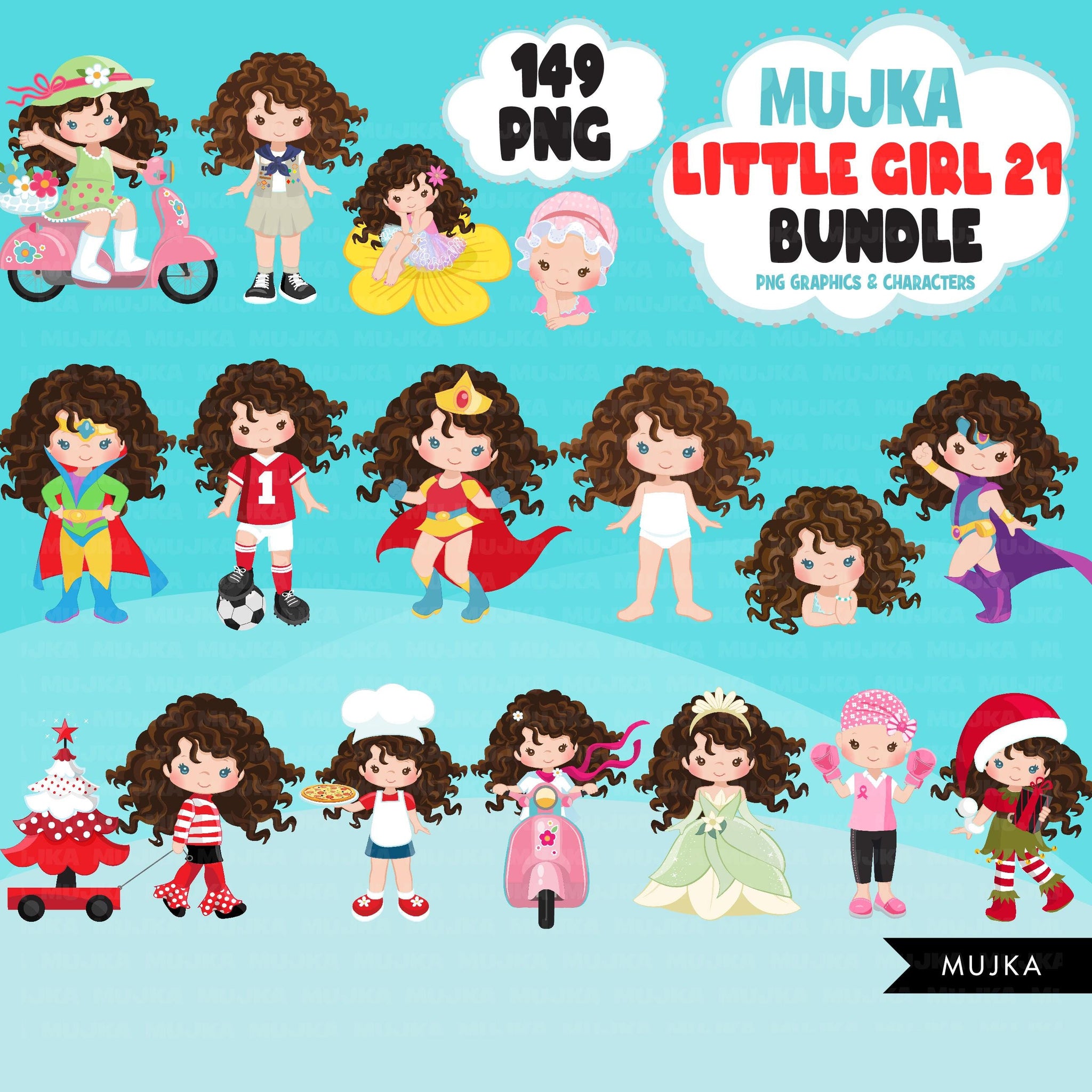 Cute girl PNG bundle, brown curly hair girl art, little girl clipart, digital stickers, birthday graphics, children bundle, planner stickers