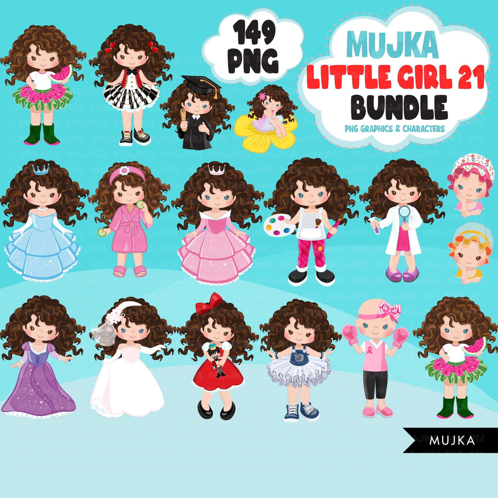 Cute girl PNG bundle, brown curly hair girl art, little girl clipart, digital stickers, birthday graphics, children bundle, planner stickers