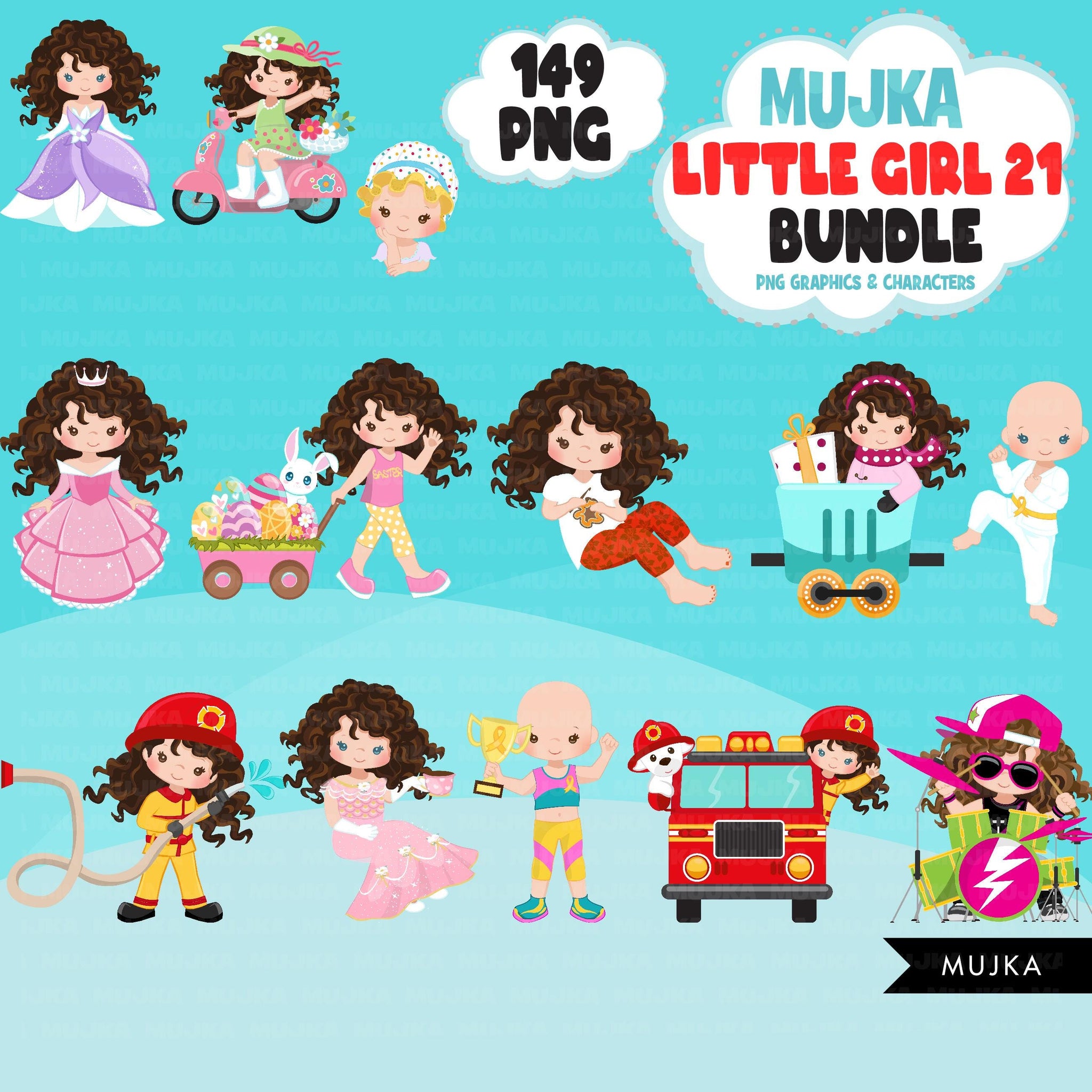 Cute girl PNG bundle, brown curly hair girl art, little girl clipart, digital stickers, birthday graphics, children bundle, planner stickers