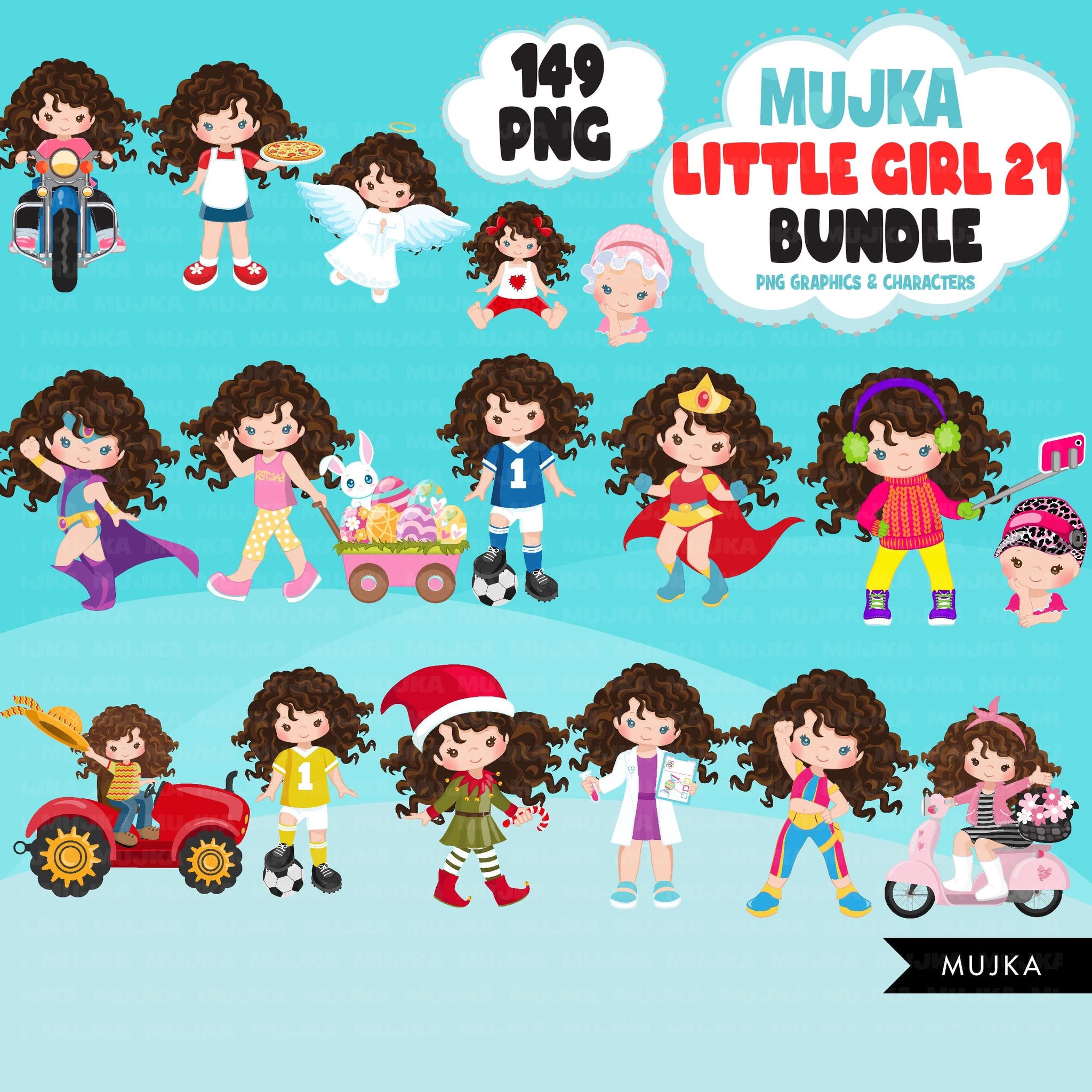 Cute girl PNG bundle, brown curly hair girl art, little girl clipart, digital stickers, birthday graphics, children bundle, planner stickers