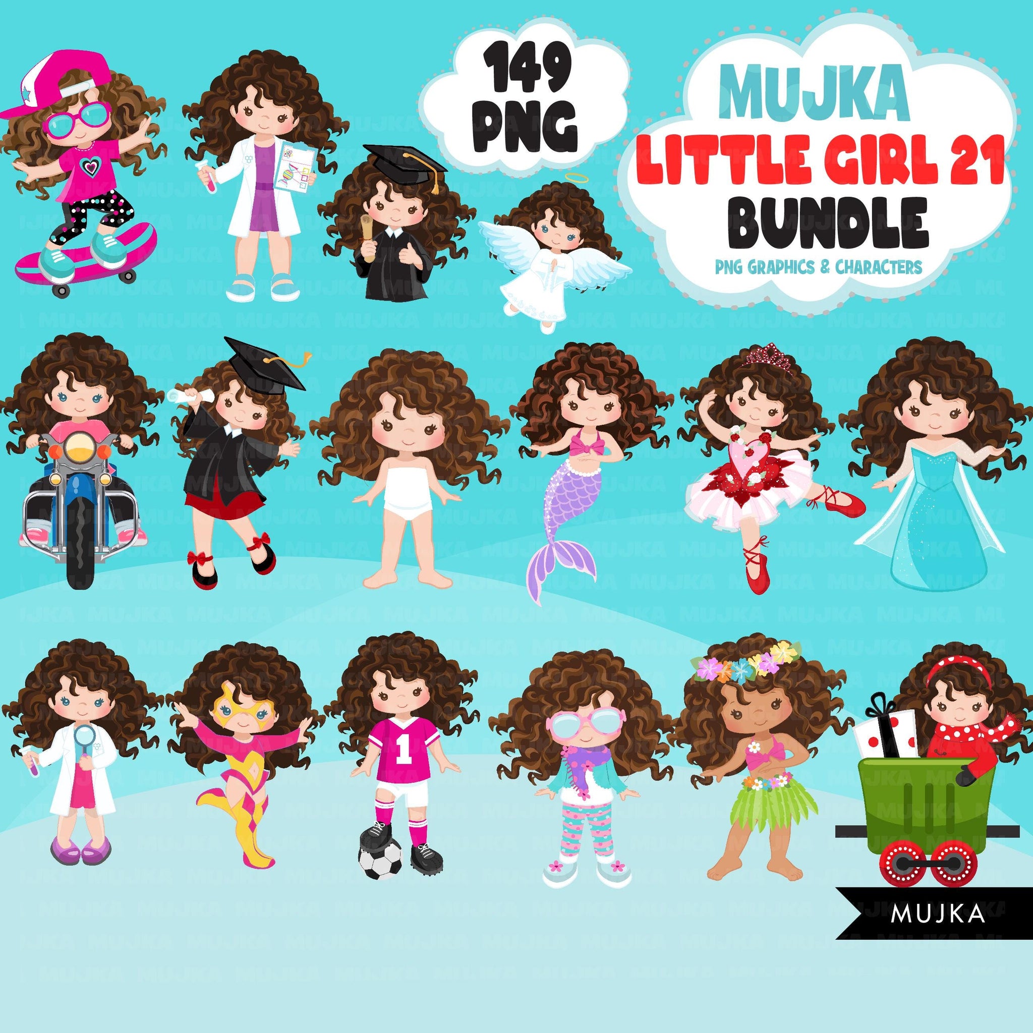 Cute girl PNG bundle, brown curly hair girl art, little girl clipart, digital stickers, birthday graphics, children bundle, planner stickers