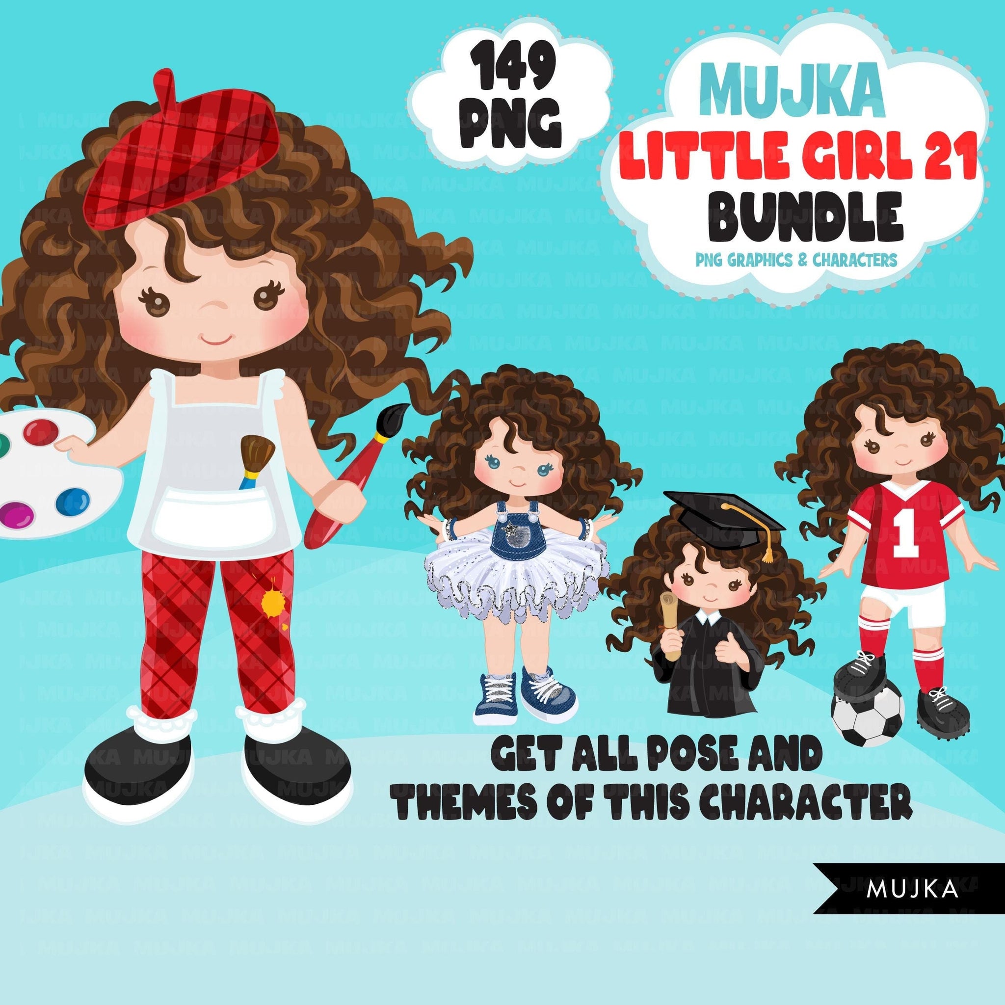 Cute girl PNG bundle, brown curly hair girl art, little girl clipart, digital stickers, birthday graphics, children bundle, planner stickers