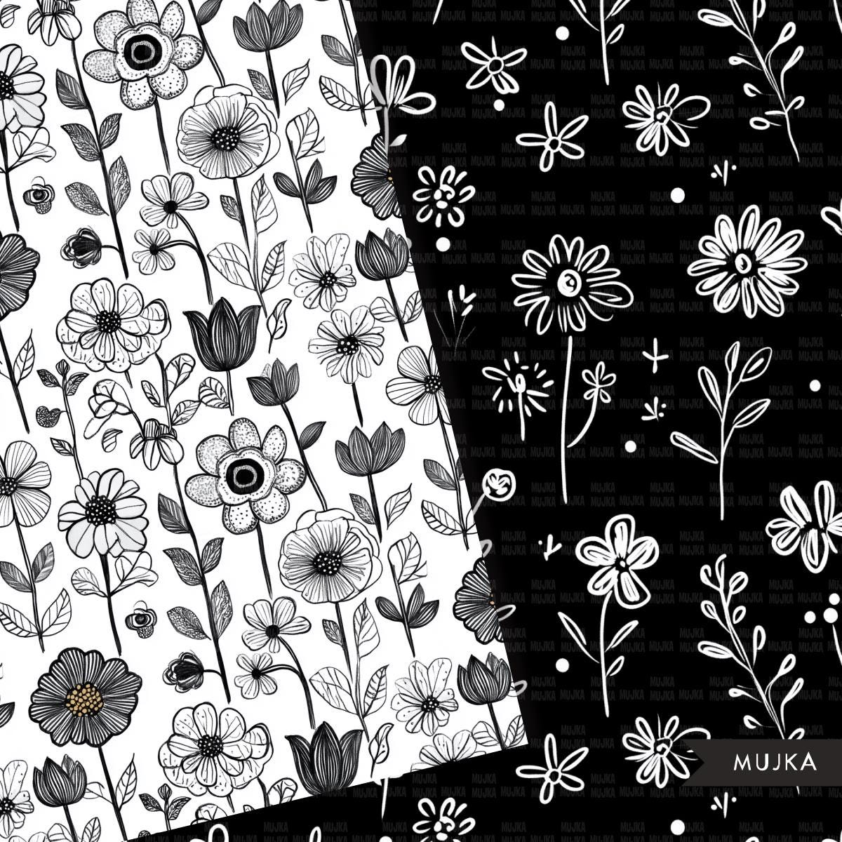 Doodle Floral Background, Minimalistic flower Digital Paper, B&W Textures, cute floral Scrapbook papers, Printable doodle Papers, doodle png