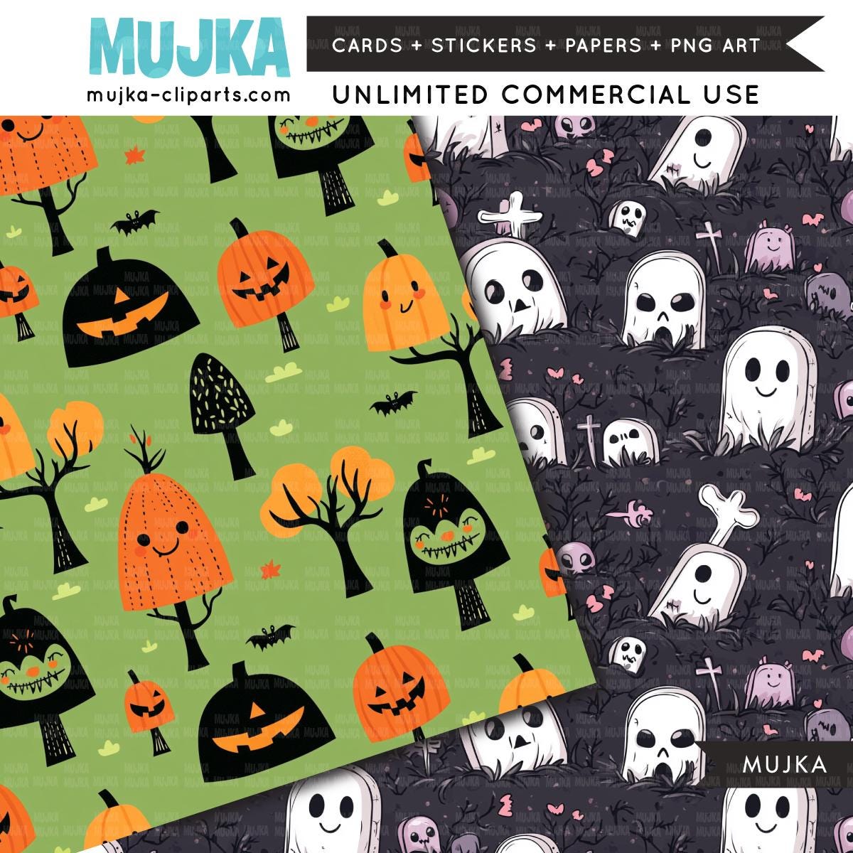 Whimsical Halloween digital papers, Cute Halloween Background, Skull Background, Black Cat, Pumpkin patterns, Printable Scrapbook papers