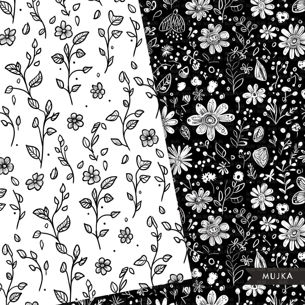 Doodle Floral Background, Minimalistic flower Digital Paper, B&W Textures, cute floral Scrapbook papers, Printable doodle Papers, doodle png