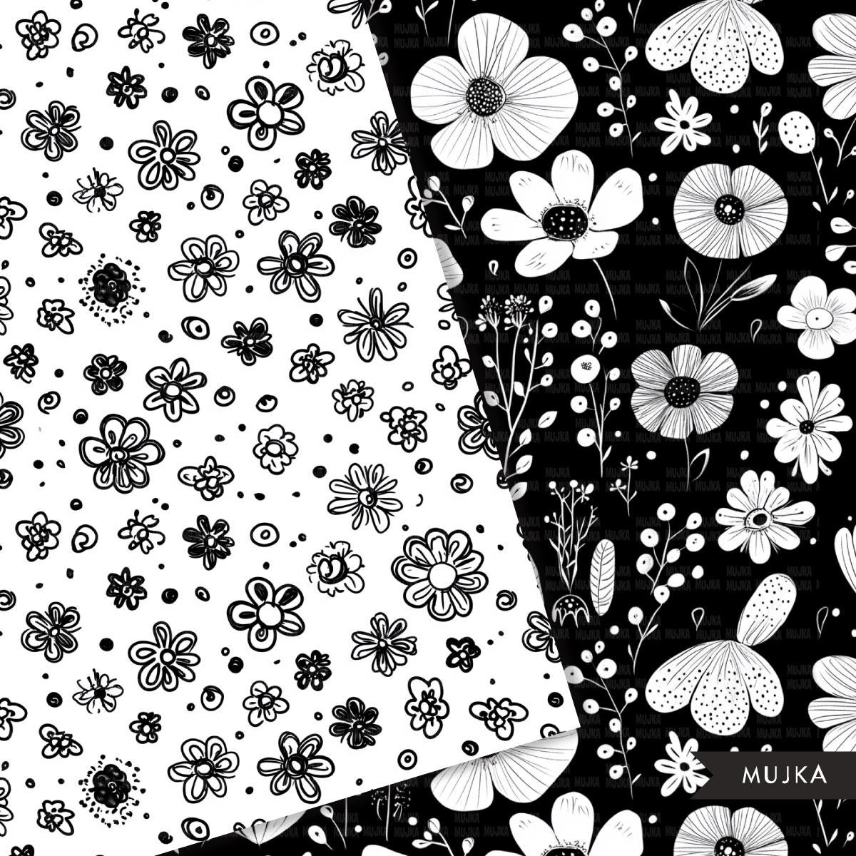 Doodle Floral Background, Minimalistic flower Digital Paper, B&W Textures, cute floral Scrapbook papers, Printable doodle Papers, doodle png