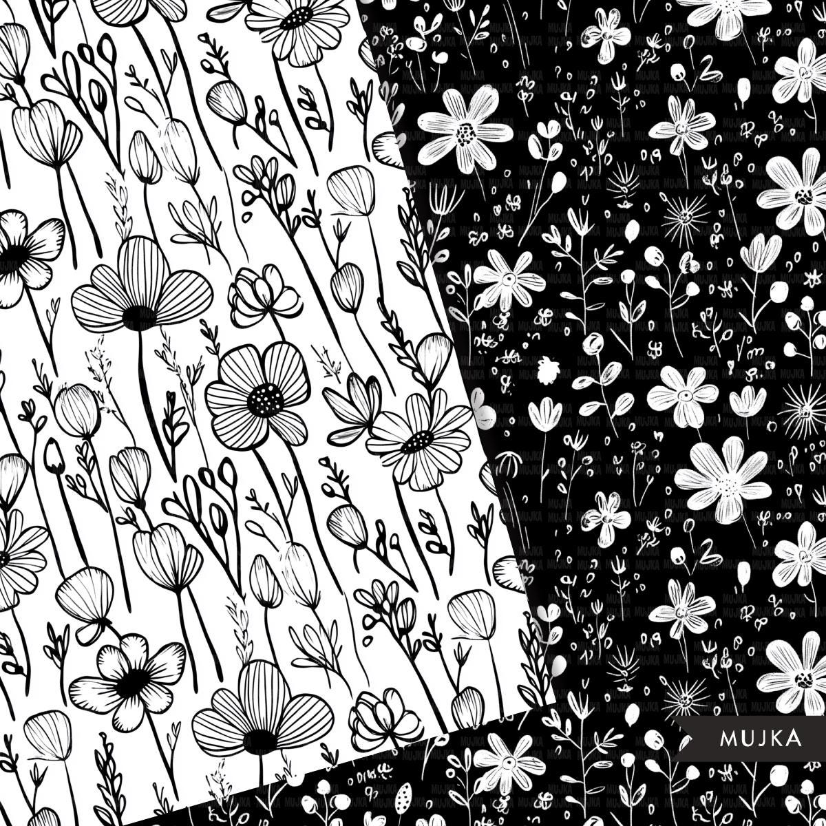 Doodle Floral Background, Minimalistic flower Digital Paper, B&W Textures, cute floral Scrapbook papers, Printable doodle Papers, doodle png