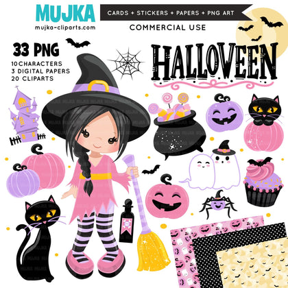 Cute Halloween PNG, DTF print, Halloween witch clipart, Sublimation designs, Halloween bundle, Pastel Halloween, Jackolantern Digital papers