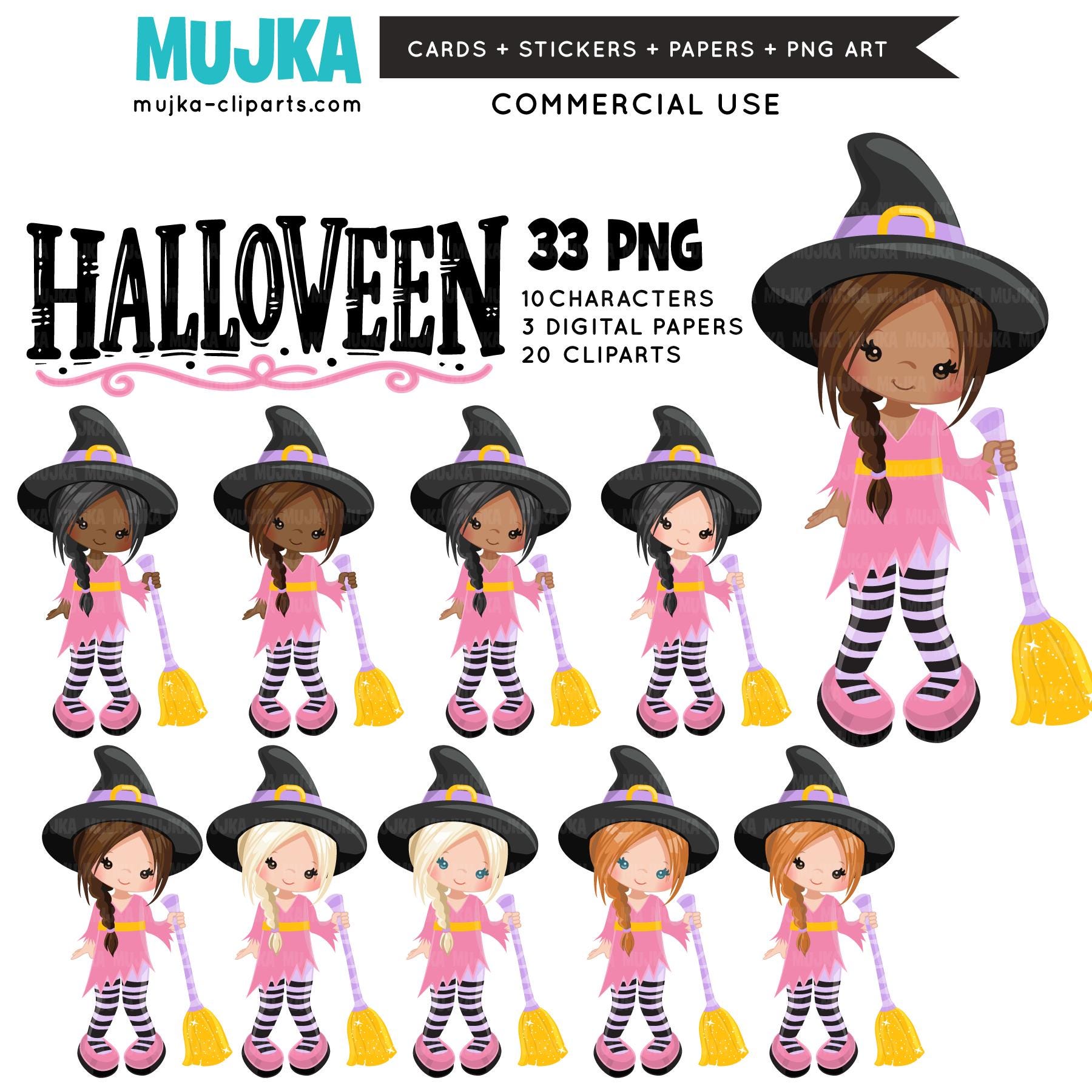 Cute Halloween PNG, DTF print, Halloween witch clipart, Sublimation designs, Halloween bundle, Pastel Halloween, Jackolantern Digital papers