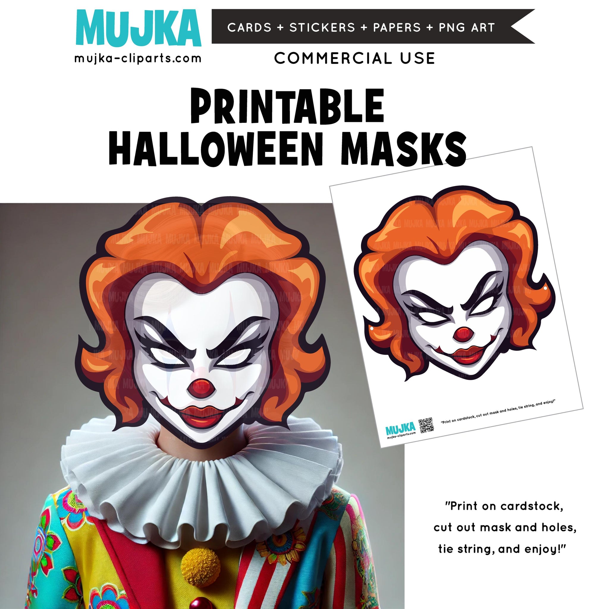 Halloween Mask, Printable Face Mask, Scary Clown mask, Halloween activity, Digital Download games,  Cute paper crafts, digital printable PNG